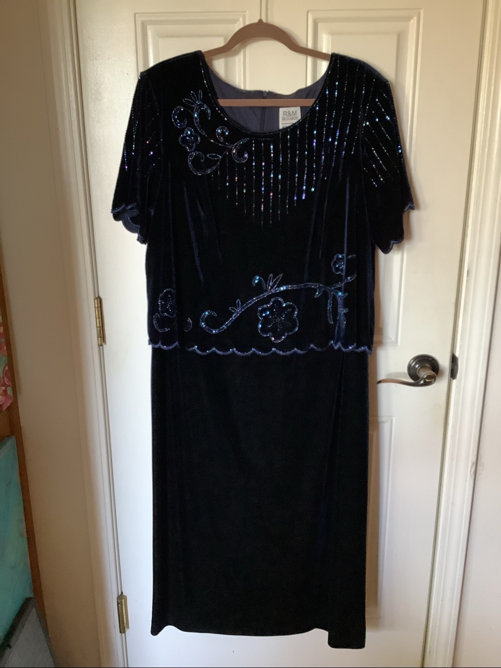 R&M Richards Navy Blue Velvet Embroidered Maxi Dress